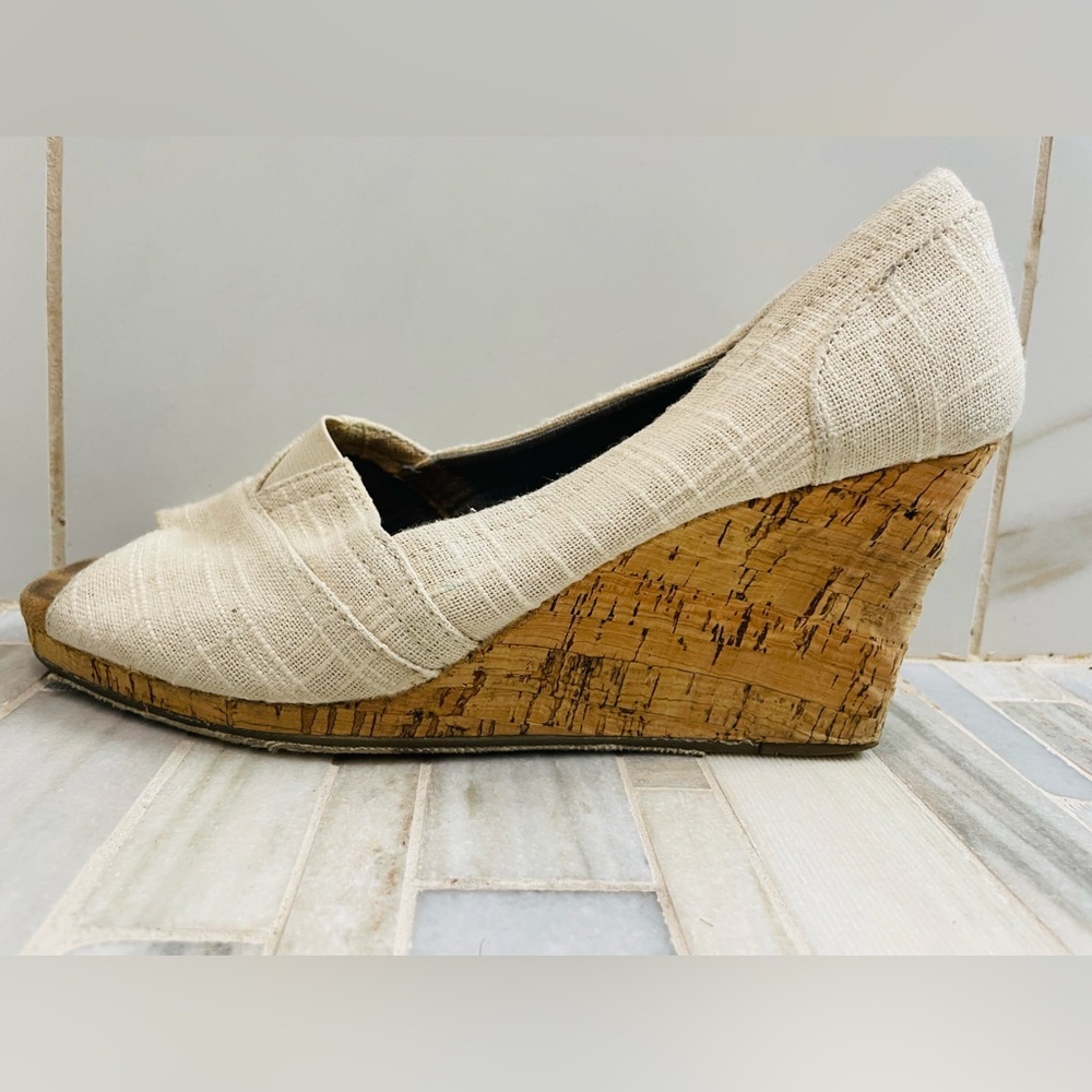 TOMS Stella Cork Wedge Sandals Womens Oatmeal Woven Open Toe Slip On Size 9 - Picture 12 of 16